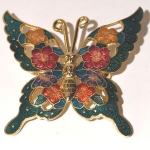 Butterfly Brooch Gold Tone Floral Enamel Cloisonne Pin Whimsical Nature Garden